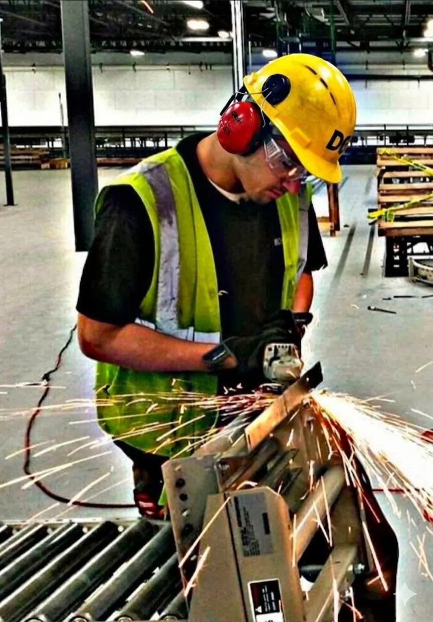 Technician cutting and modifying conveyor structure during installation with sparks